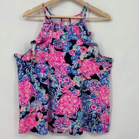 Lilly Pulitzer Billie high tide turtle print Halter Neck tank Top Large Ruffle - Picture 3 of 10